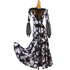 Back view of the floral print ballroom dress with the low V back
