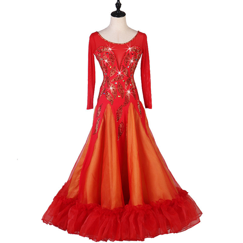 Red version of the lace applique ballroom dance dress