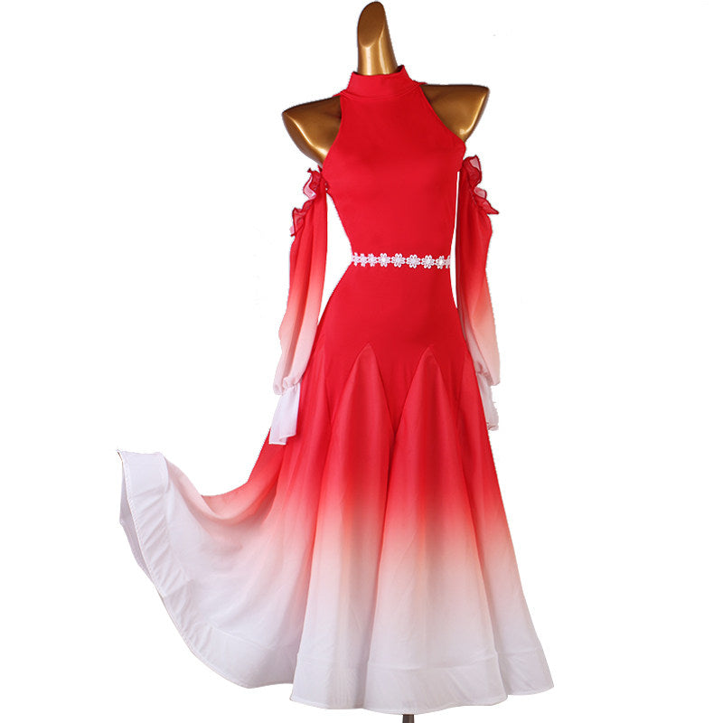 Red and white ombre halter dance dress with the chiffon skirt swept to the side