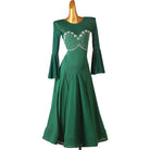 Green ballroom dress front view with flared sleeve cuffs
