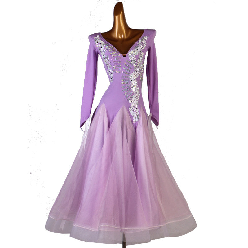 Lilac ballroom competition dress with organza skirt hanging straight