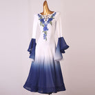 Ombre ballroom competition dress with the rose embroidery framing the laced neckline