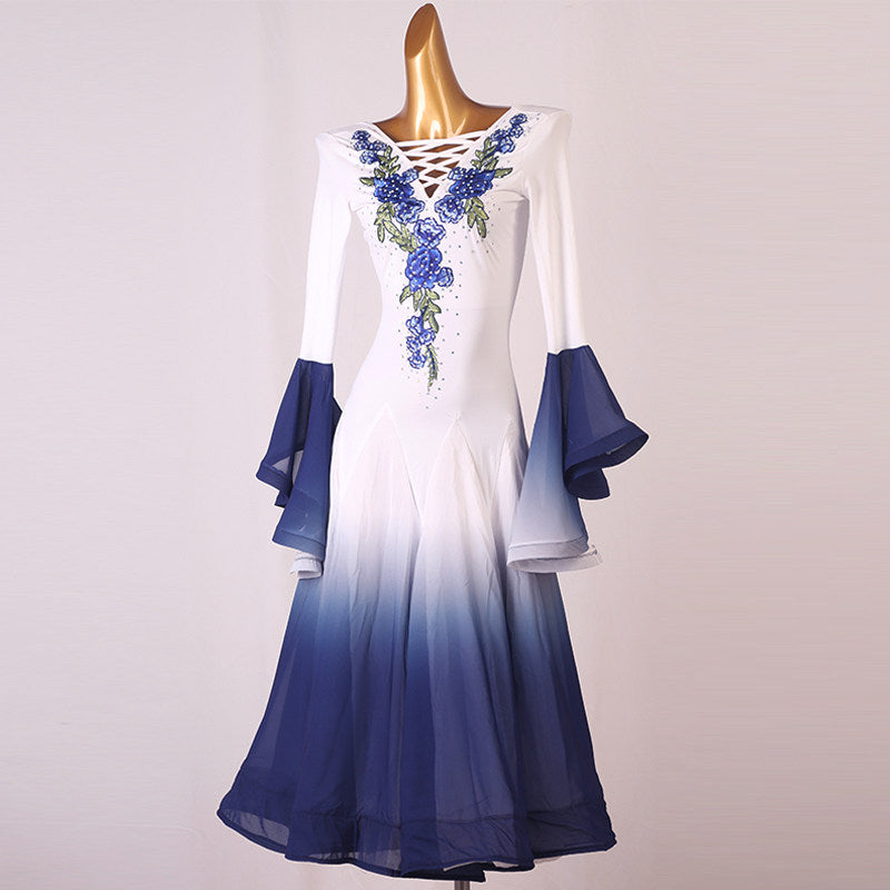 Ombre ballroom competition dress with the rose embroidery framing the laced neckline