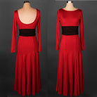 Red ballroom practice dress with black contrast waistband, front and back