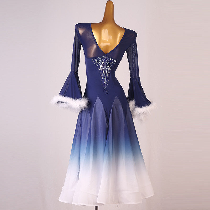 Navy ombre ballroom competition dress with the chevron panels at the hem