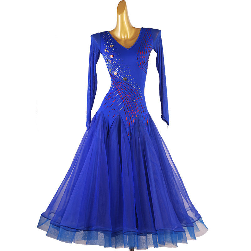 Royal blue rhinestone swirl ballroom competition dress on mannequin