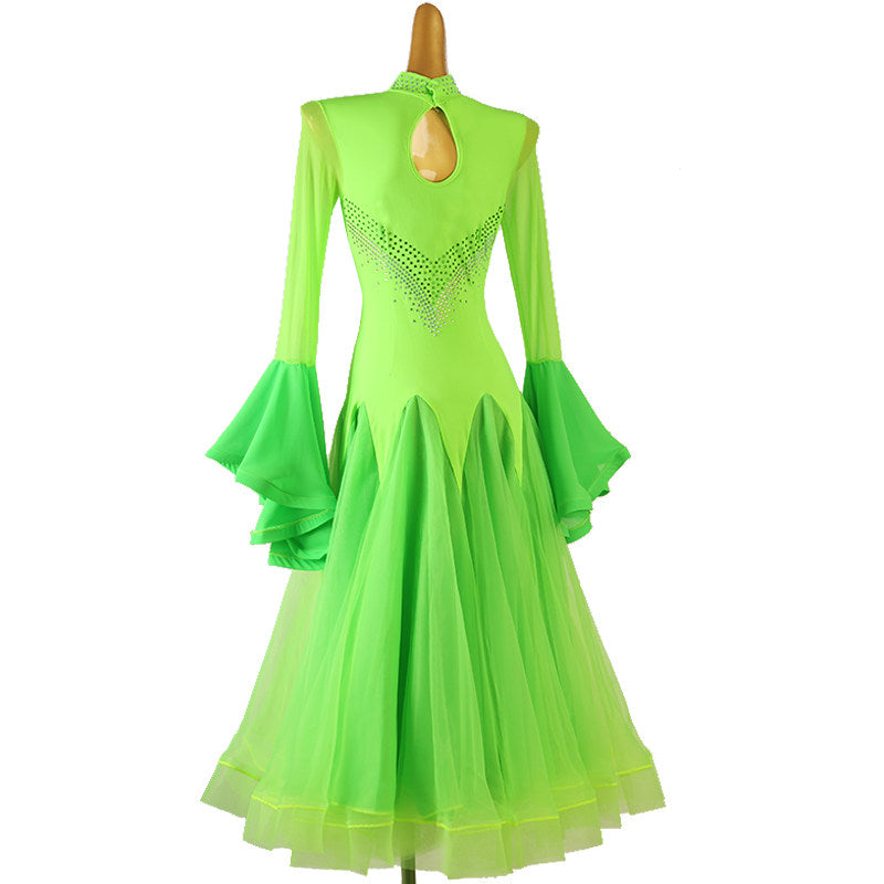 Back view of the neon green ballroom dance dress on the mannequin