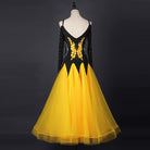 Yellow ballroom competition dress front view on mannequin, organza skirt spread