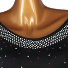 Close up of the clear and ruby rhinestone band around the scoop neckline