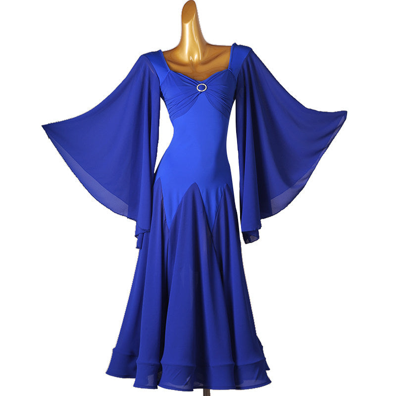 Royal blue dance dress with both angel sleeves spread out wide