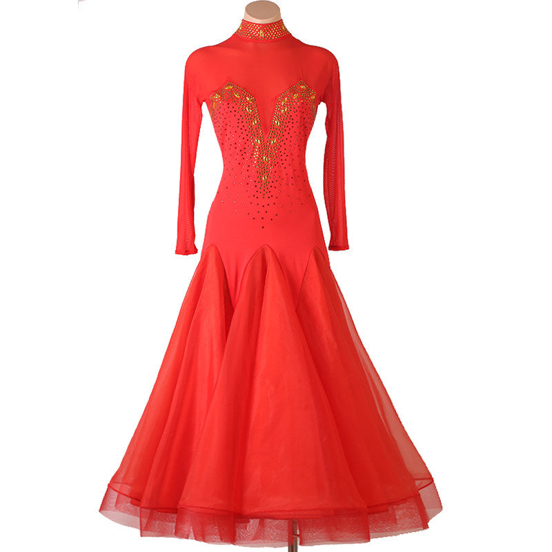 Red ballroom dance dress with gold embroidery and high neck collar
