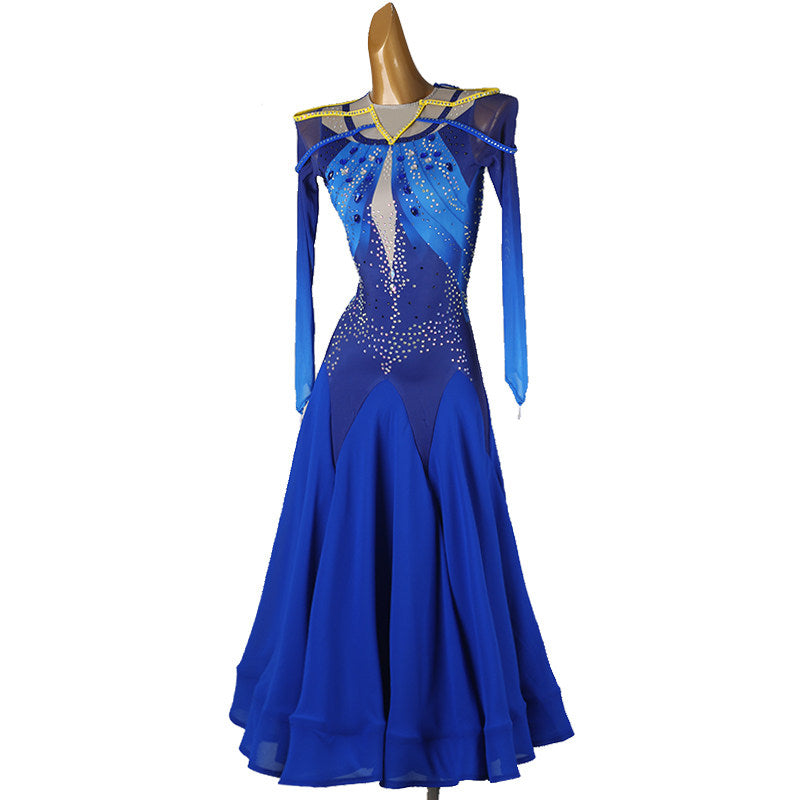Royal blue ballroom competition dress showing the layered petal shoulders