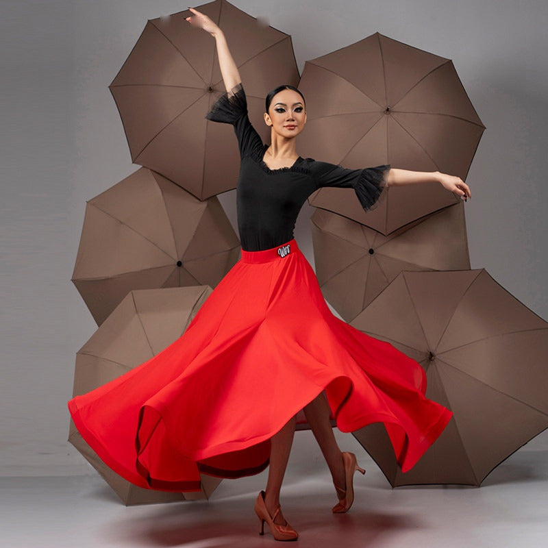 Red mesh godet ballroom dance skirt lifting on the closing step