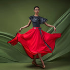 Red three layer chiffon ballroom dance skirt lifting in motion