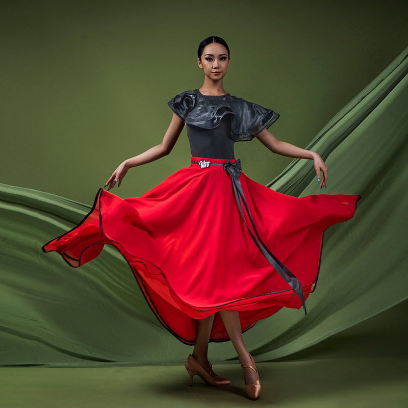 Red three layer chiffon ballroom dance skirt lifting in motion