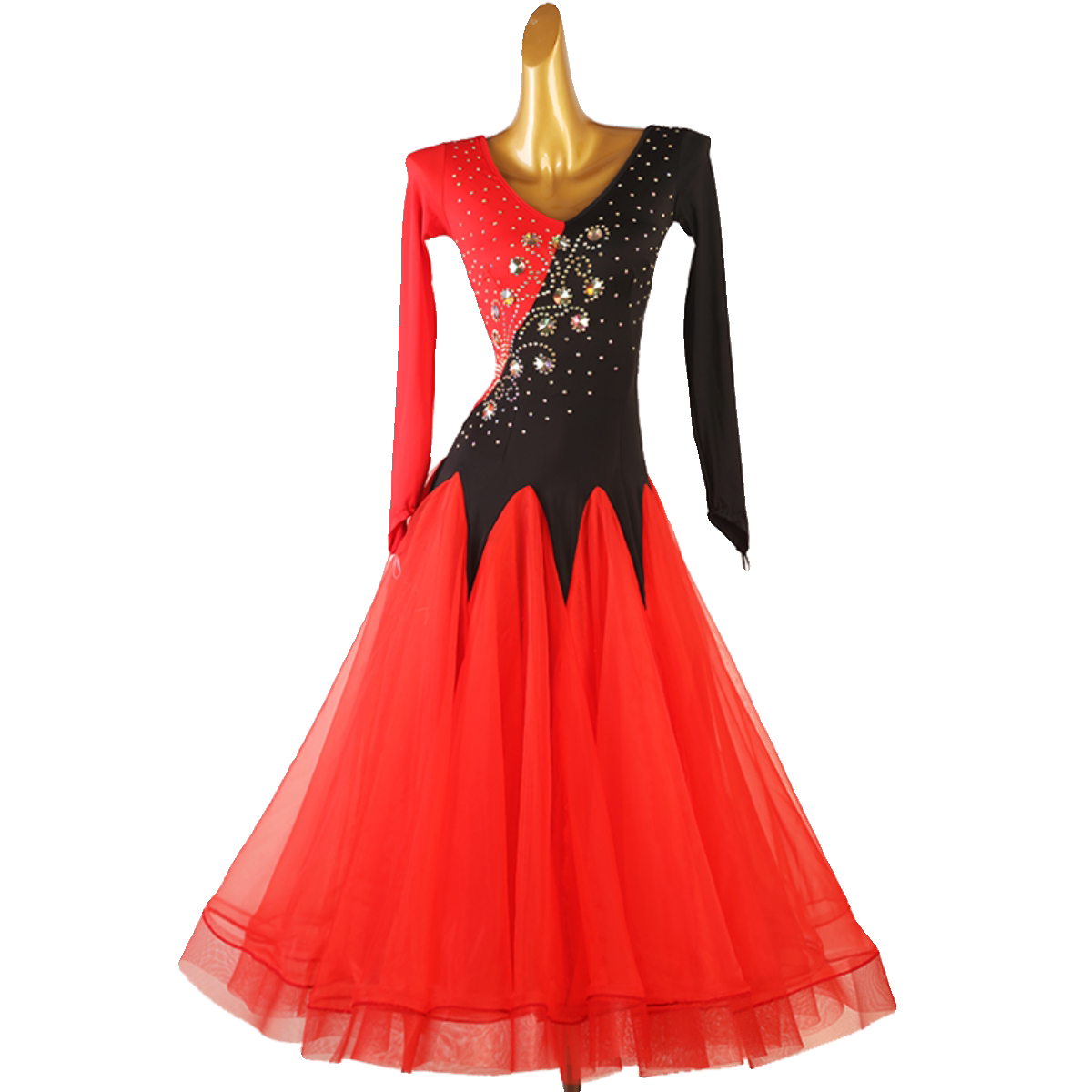 Red and black ballroom dress with the crystals along the diagonal seam