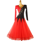 Red and black ballroom dress with the crystals along the diagonal seam