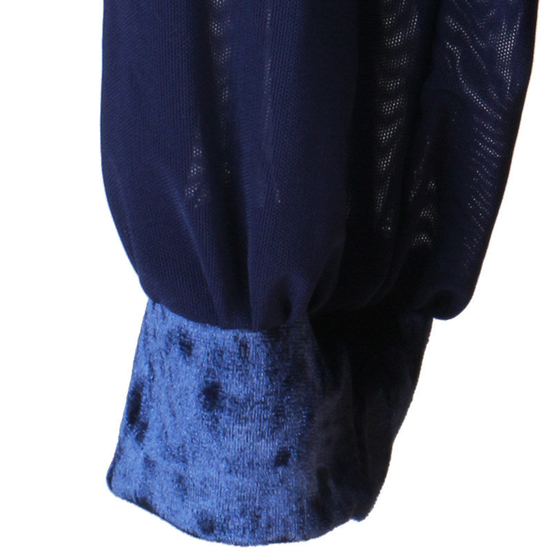 Detail of the navy chiffon skirt panels and velvet hem