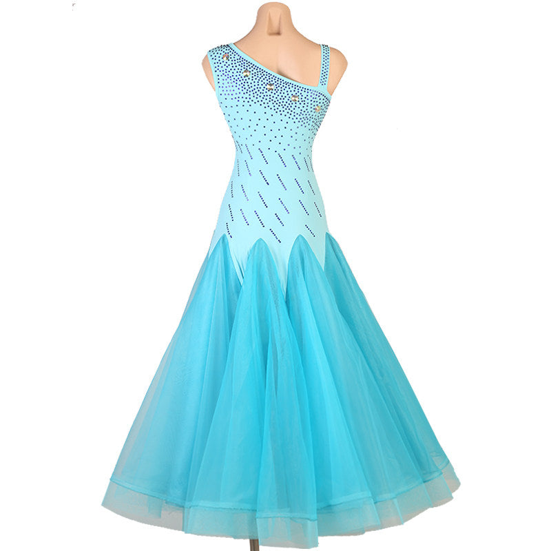 Turquoise asymmetric ballroom dress with the tulle skirt hanging