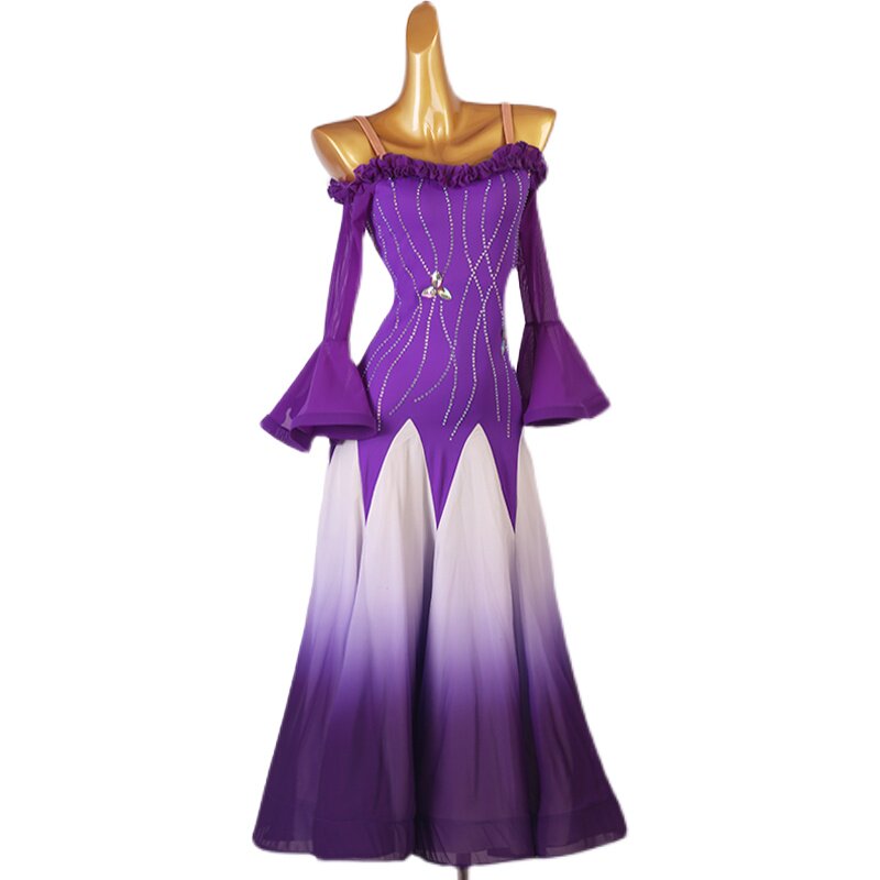 Purple ballroom competition dress photographed against a white background