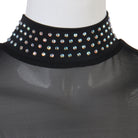 Close up of the aurora rhinestone collar on black mesh