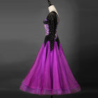 Purple ballroom dress back view showing the open V back
