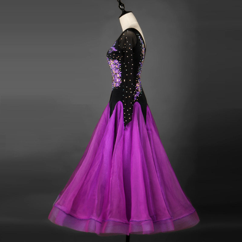 Purple ballroom dress back view showing the open V back
