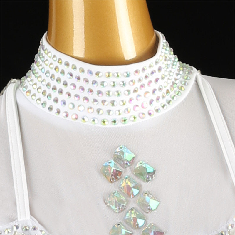 Close up of the stone set collar on the white ballroom dance dress