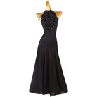 Black rosette ballroom dance dress photographed straight on