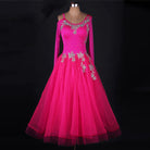 Rose red ballroom dress front view on mannequin, tulle skirt spread