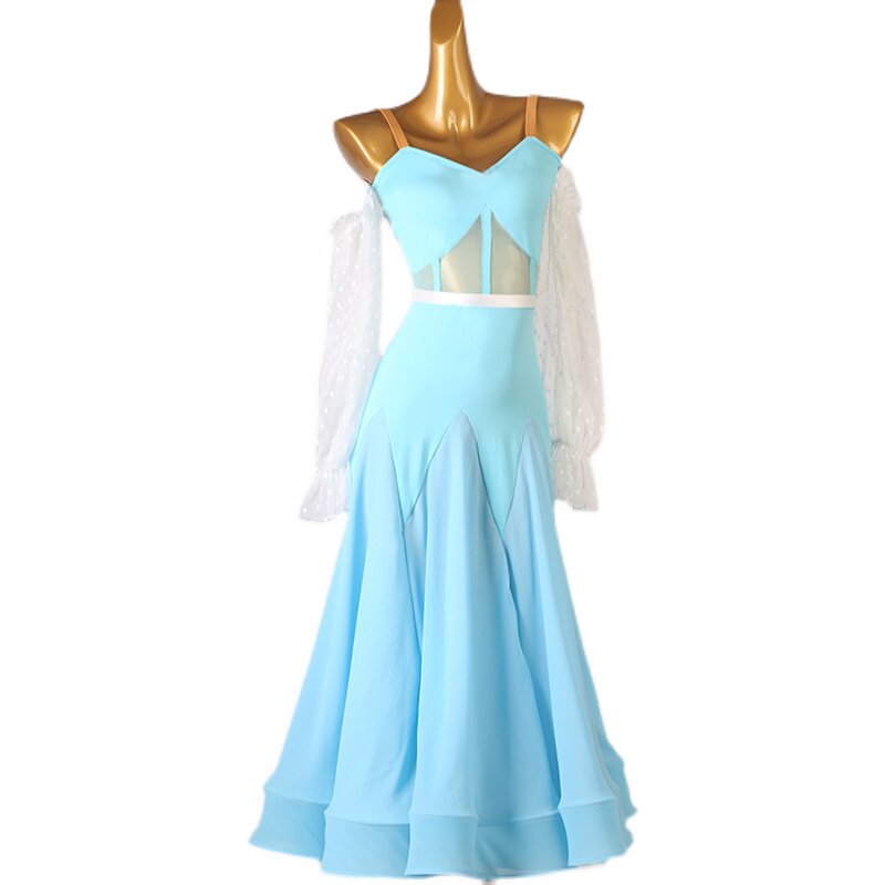 Light blue ballroom dance dress photographed on a white background