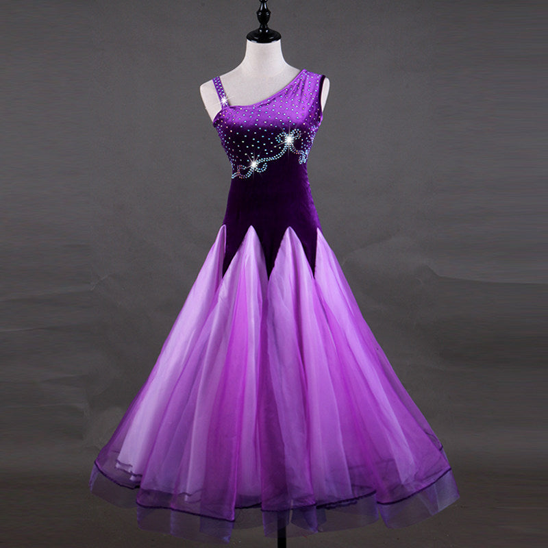Purple ombre ballroom competition dress with rhinestone camisole bodice
