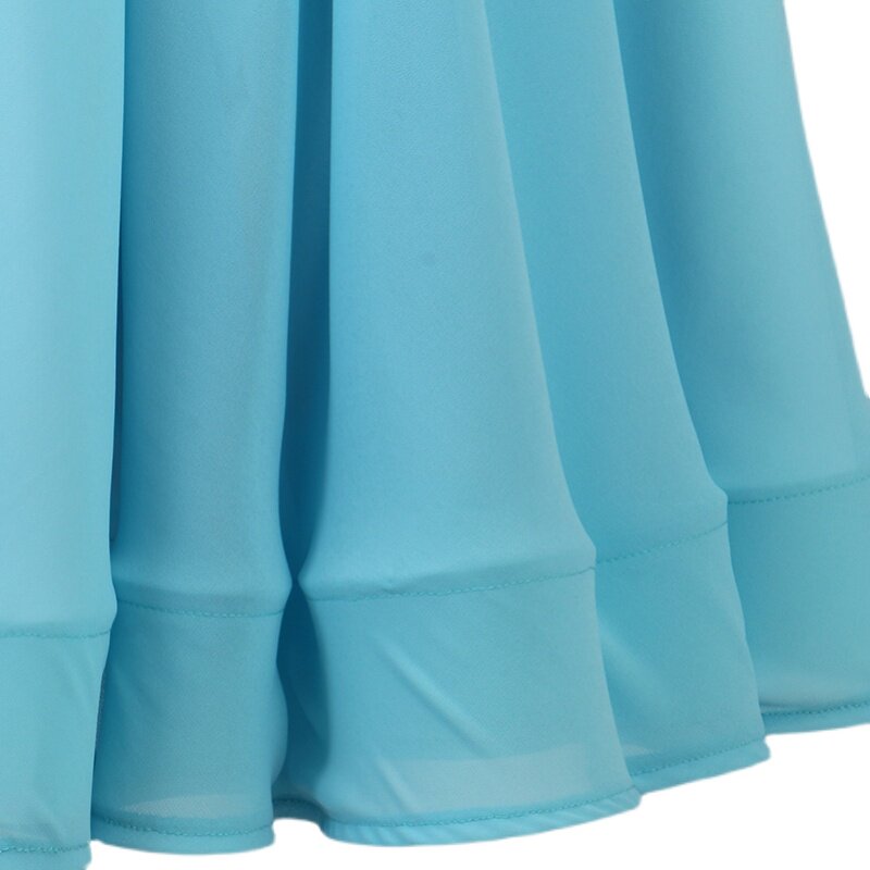 Detail of the two tone godet panels at the hem of the blue ballroom dress