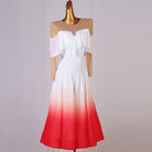 Front view of the ruffle collar ballroom dress with red ombre hem