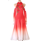 Red rose embroidered halter ballroom competition dress with ombre hem