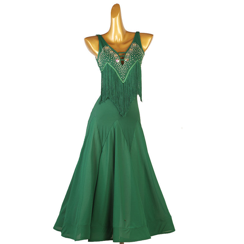 Green beaded fringe ballroom dance dress on the mannequin