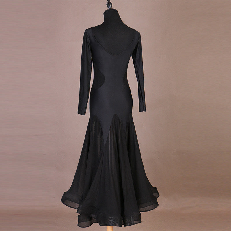 Black ballroom practice dress back view showing the mesh yoke