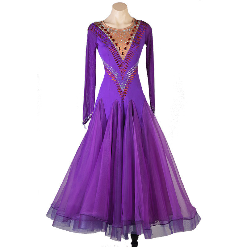 Purple ballroom dance dress with rhinestone V panel bodice