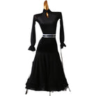 Black ballroom dance dress front view with mock neck and mesh peplum skirt