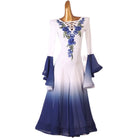 White and navy ballroom dance dress with the two tier flounce sleeves lifted
