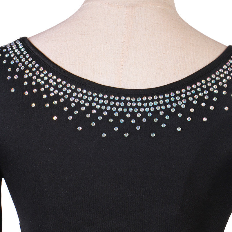 Close up of aurora rhinestones on the asymmetric neckline