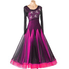 Fuchsia ballroom dance dress with the black mesh overlay skirt hanging