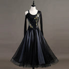 Black ballroom competition dress with embroidered bodice and organza skirt