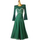 Green ballroom dress standing front view, beaded bust panel detail