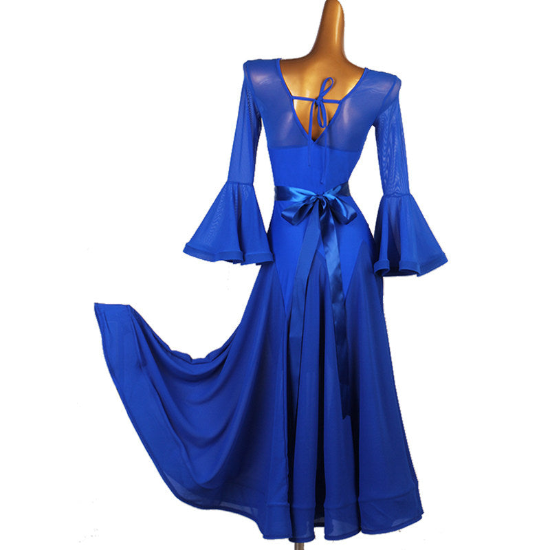 Royal blue bell sleeve ballroom practice dress with satin bow sash