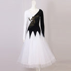 White ballroom gown with asymmetric embroidered black bodice and zigzag hem
