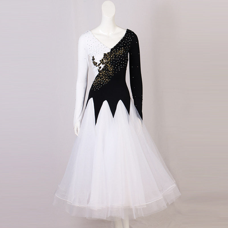 White ballroom gown with asymmetric embroidered black bodice and zigzag hem