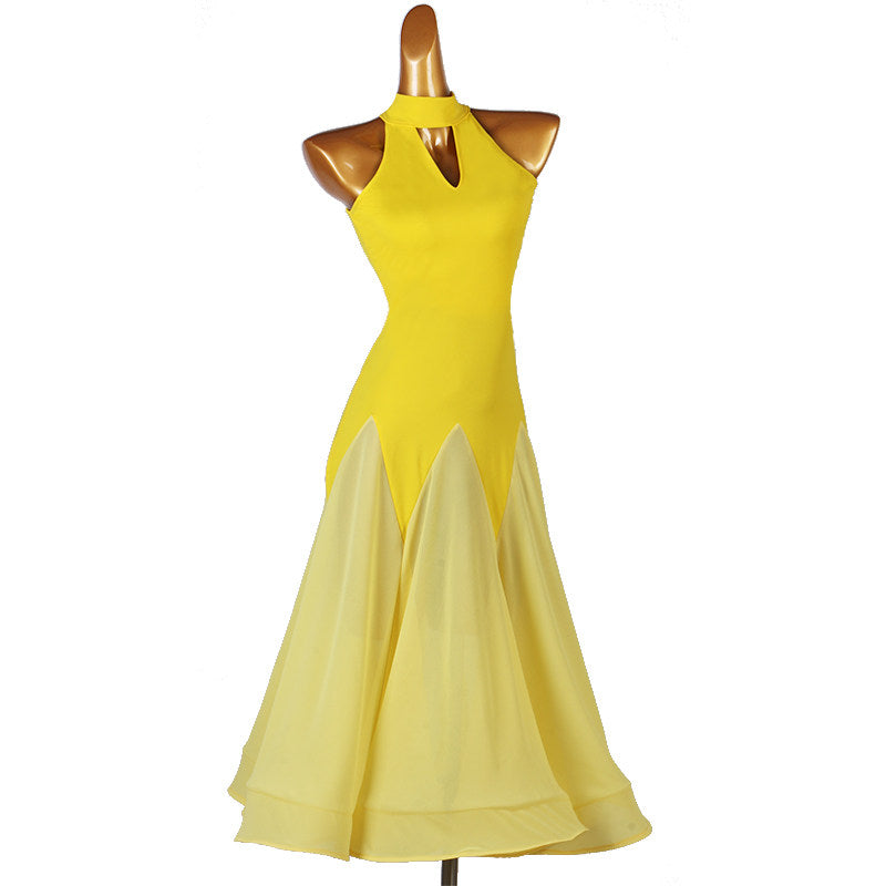 Yellow halter ballroom dance dress front view with the skirt hanging straight