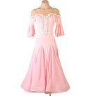 Pink ballroom dance dress front view with the godet skirt hanging