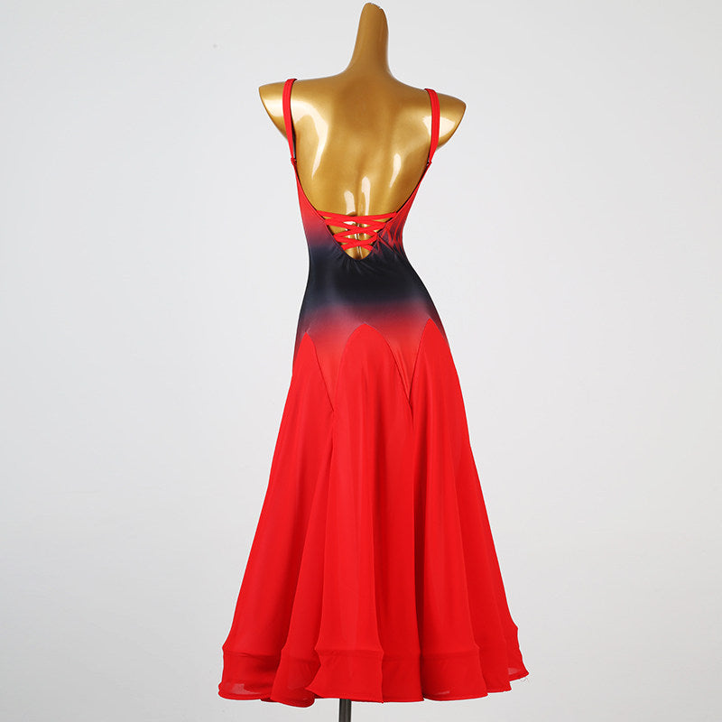 Back view of the red ballroom dress showing the ribbon laced back